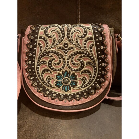 Montana West Handbags - Montana West Pink Brown Western Crossbody Bag with Turquoise Accent